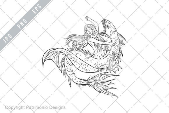 Download Mermaid Fighting Sea Serpent Drawing EPS - Serpent Collection